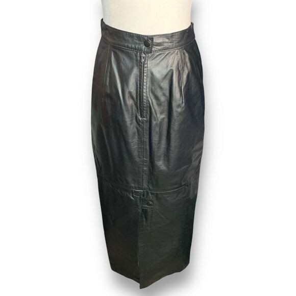Vintage 90s Midi Pencil Skirt Black Leather High Waisted Tailored Snap Button - Picture 1 of 10